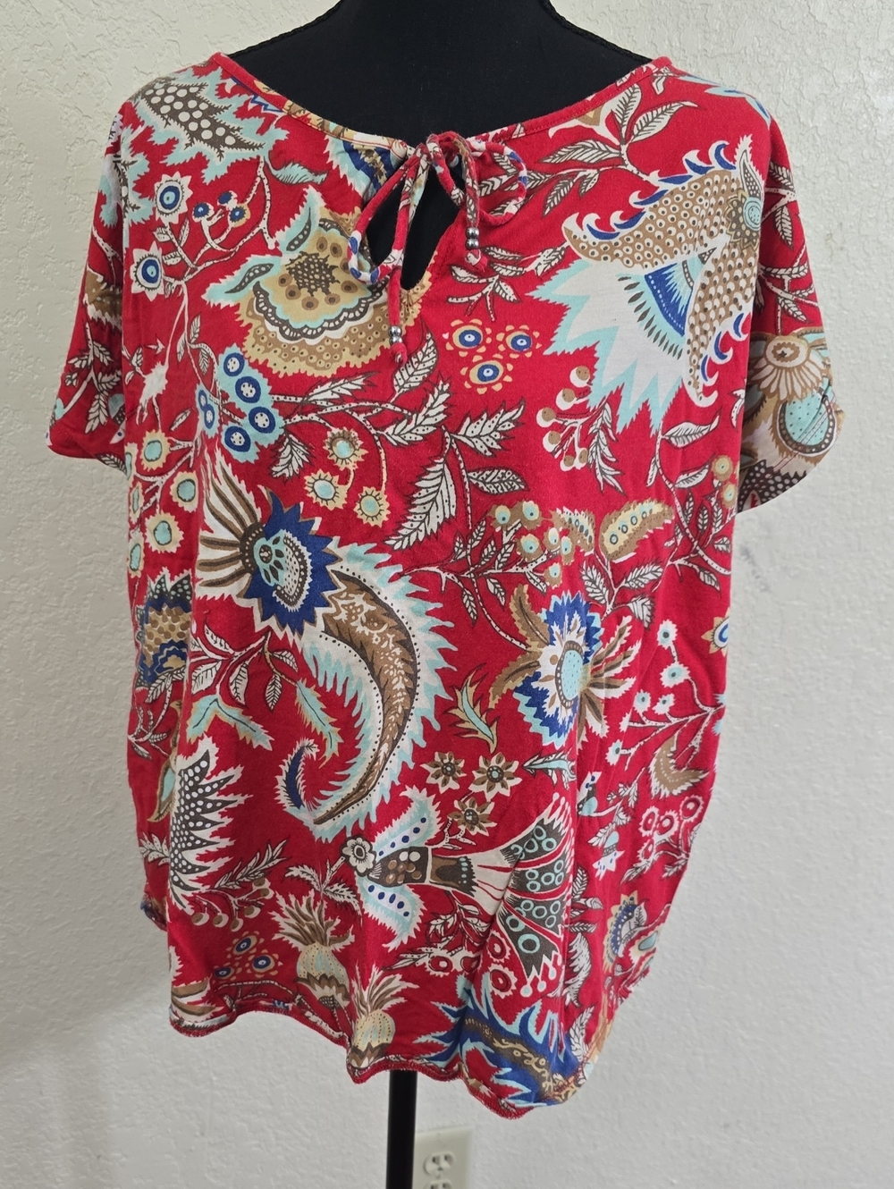 Chaps Red and Blue Floral Tie-Neck Blouse